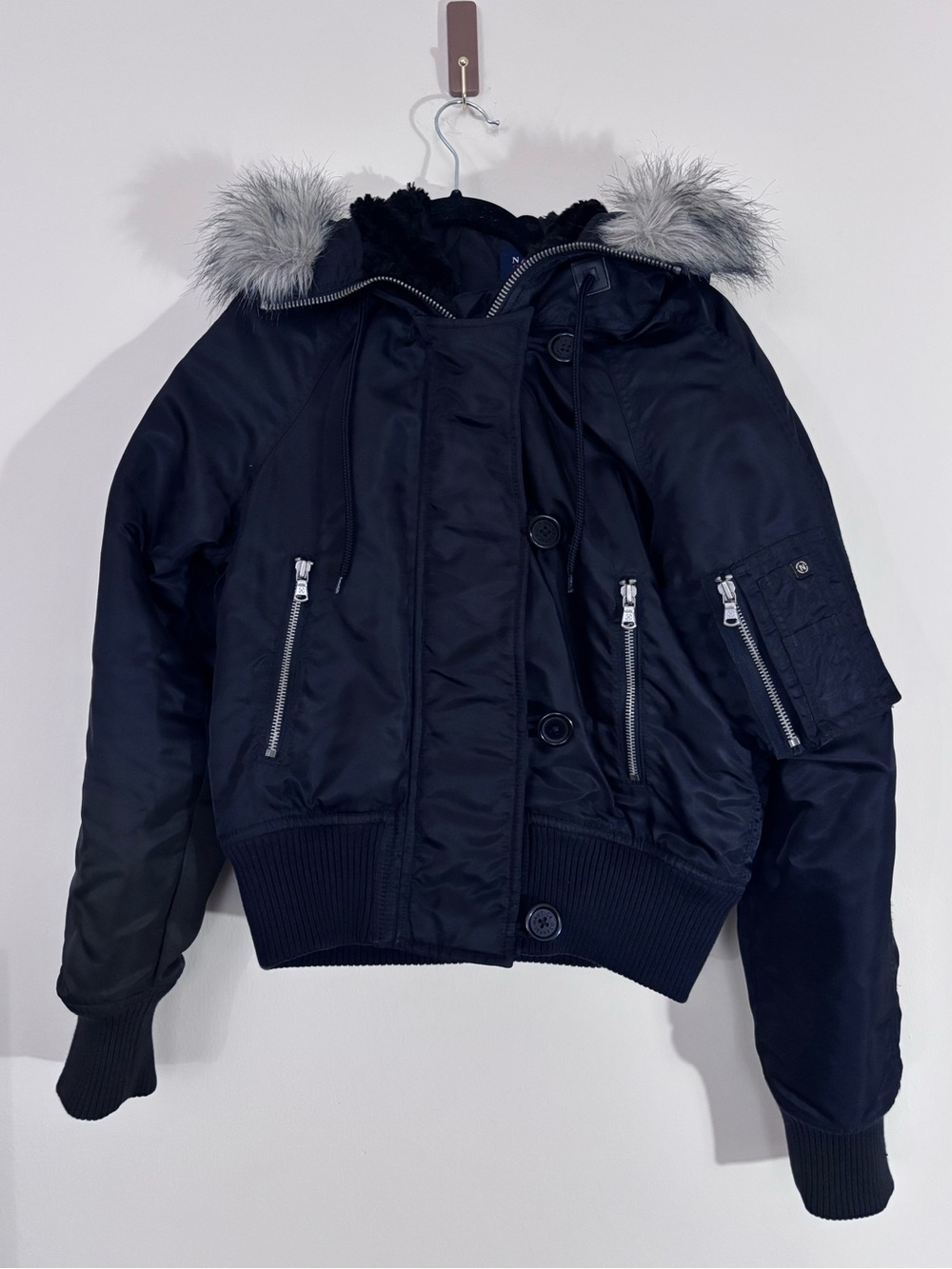 Nautica Jeans Y2K Faux Fur Hood Bomber Jacket Black Small